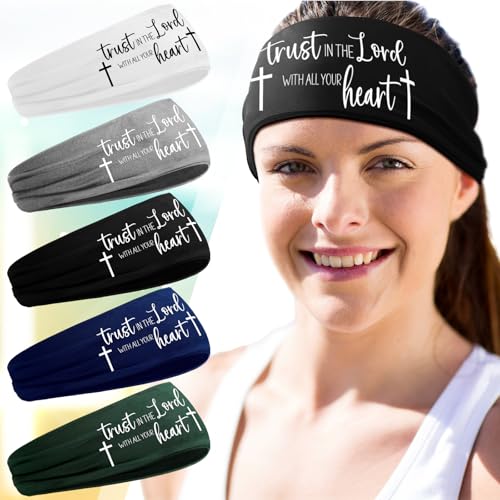 Image of 5 Pcs Christian Athletic Headbands Gifts Cross Headband for Men Women Bible Verse Workout Religious Stretchy Sweat Bands