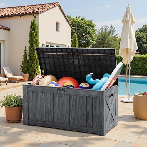 Image of Greesum Outdoor Storage Box 120 Gallon Storage Bin with Lid for Patio Furniture, Garden Tools, Pool Supplies, Lockable, Waterproof and UV Resistant, Gray