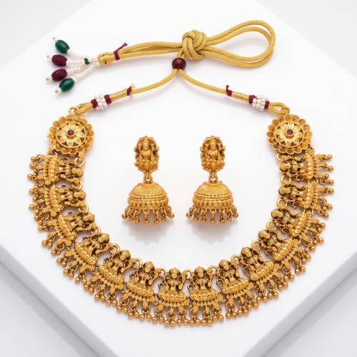 Image of Gold-Plated Antique Temple Jewellery Set for Women - Traditional Necklace with Large Peacock Pendant & Matching Jhumka Earrings | Ethnic Festive & Bridal Wear Set with Ruby & Emerald Accents