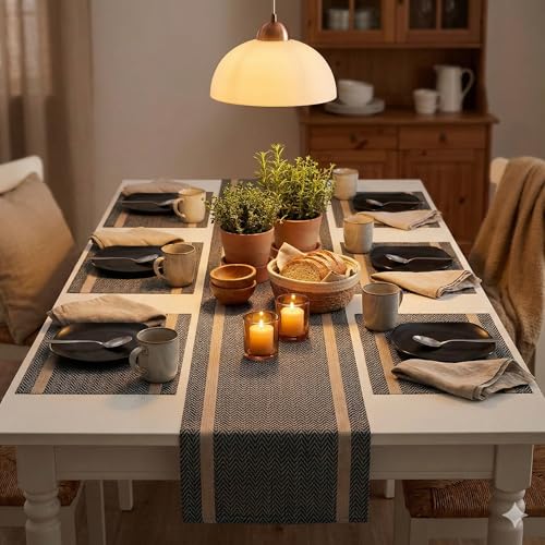 Image of YELONA Dining Table Placemats and Runner Set - Heat Resistant, Washable, Stain Resistant Mats - Woven Vinyl Plastic - Easy to Clean-(45x30 cm 6 Placemats, 135x30 cm 1 Runner)-Ideal for Stylish Dining