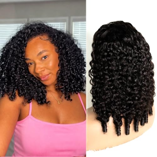 Recomtic Burmese Curly Half Wig Human Hair 250 Density 3 In 1 Seamless Flip Over Half Wigs Beginner Friendly Glueless Wear and Go Curly Wig Drawstring Headband Wig Human Hair for Women 18Inch