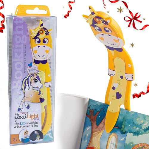 Image of Gifts for Readers & Writers Book Light for Kids, Clip On Reading Light for Bed, 2in1 Flexilight Pals & Bookmark, Small & Lightweight with a Soft Glow, 2 Batteries Included, Unicorn Yellow