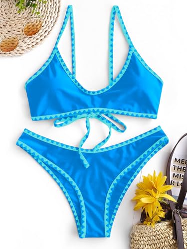 Image of ZAFUL Women's Tie Back Padded High Cut Bralette Bikini Set Two Piece Swimsuit