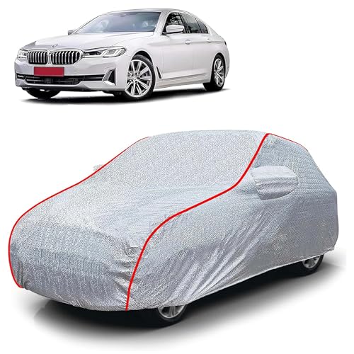 Image of Sulfar 100% Waterproof Car Body Cover Compatible with Mirror for BMW 5 Series (Triple Stitched, Full Bottom Elastic, Magic Silver with Red Piping)