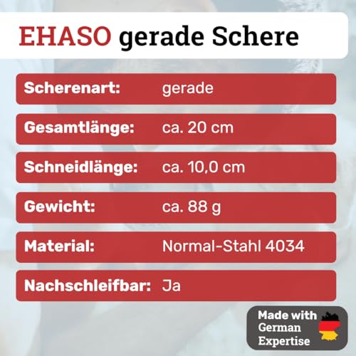 EHASO Hochwertige Gerade Hundeschere aus - Für langhaar & kurzhaar - 20 cm matt hohlschliff - Fellschere für Hunde & Katzen - Profischere für Jede Art von Fell direkt Solingen
