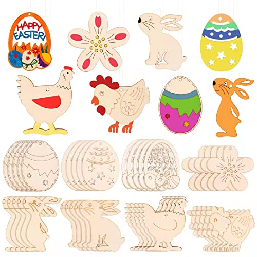 Zaloife Osteranhänger Holz Bemalen, 40 Stück Ostern Unlackierte Holz, Ostern Anhänger, DIY Ostern Basteln, Hase Blumen Henne Eier, Osterschmuck zum Aufhängen für Kinder Frühling Dekoration Cover