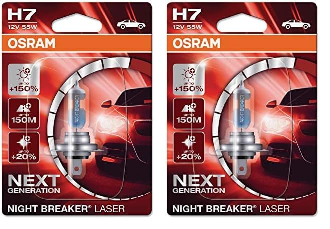 Osram NIGHT BREAKER LASER H7, +150% mehr Helligkeit, Halogen-Scheinwerferlampe, 64210NL-01B, 12V PKW, Single Blister (1 Lampe) (Packung mit 2)