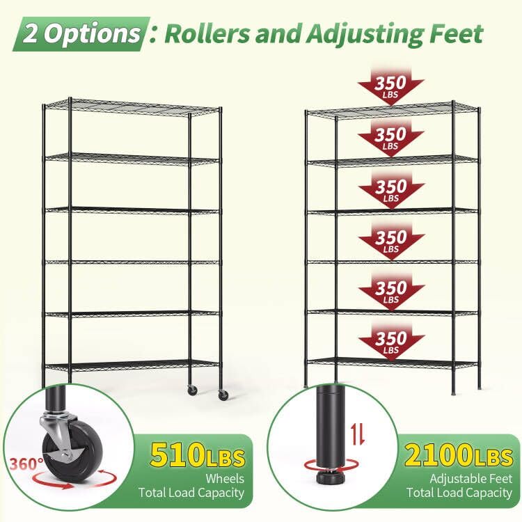 Image of BestOffice Storage Shelves 6 Tier Metal Shelves Adjustable Garage Shelving Wire Shelving Unit Capacity 2100LBS with Wheels for Kitchen, Garage Pantry Closet Commercial,Black