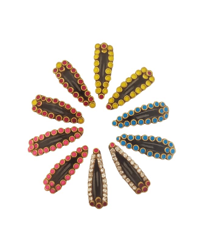 Decorative Kundan Hair Clips Set, Multi-Colour Crystal Embellished Tic Tac Pins, 3 cm Length