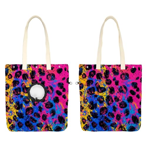 Pet Canvas Shoulder Bag Soft-Sided,Dog Purse Carrier for Small Dogs and Cats, Portable Pet Handbag with Adjustable Hole, Pet Washable Travel Tote Bag,Colorful Ink Leopard Print 16.7''x15.8''