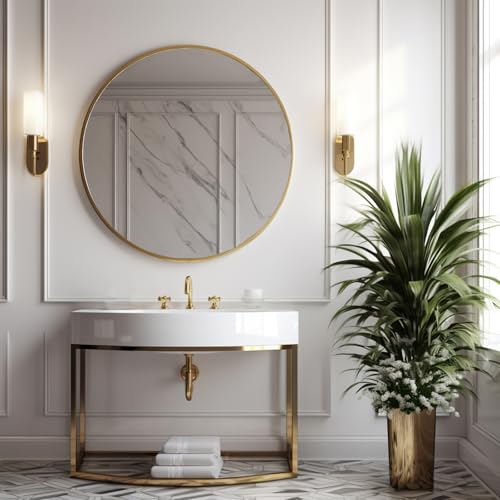 Image of Sunniry Round Gold Mirror, 28 inch Round Mirror, Circle Bathroom Mirrors Metal Frame, Wall Mounted Circle Mirrors for Bathroom, Living Room, Hallway, Farmhouse.