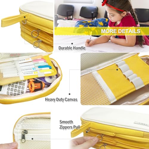 Image of Pencil Case Large Capacity Pouch Bag with Zippers, Expandable Pen Bag Storage Holds 50-100 Pencils, Colors Pencil Box Organizer Case Office School Supplies for Girls Boys Adults(Yellow)