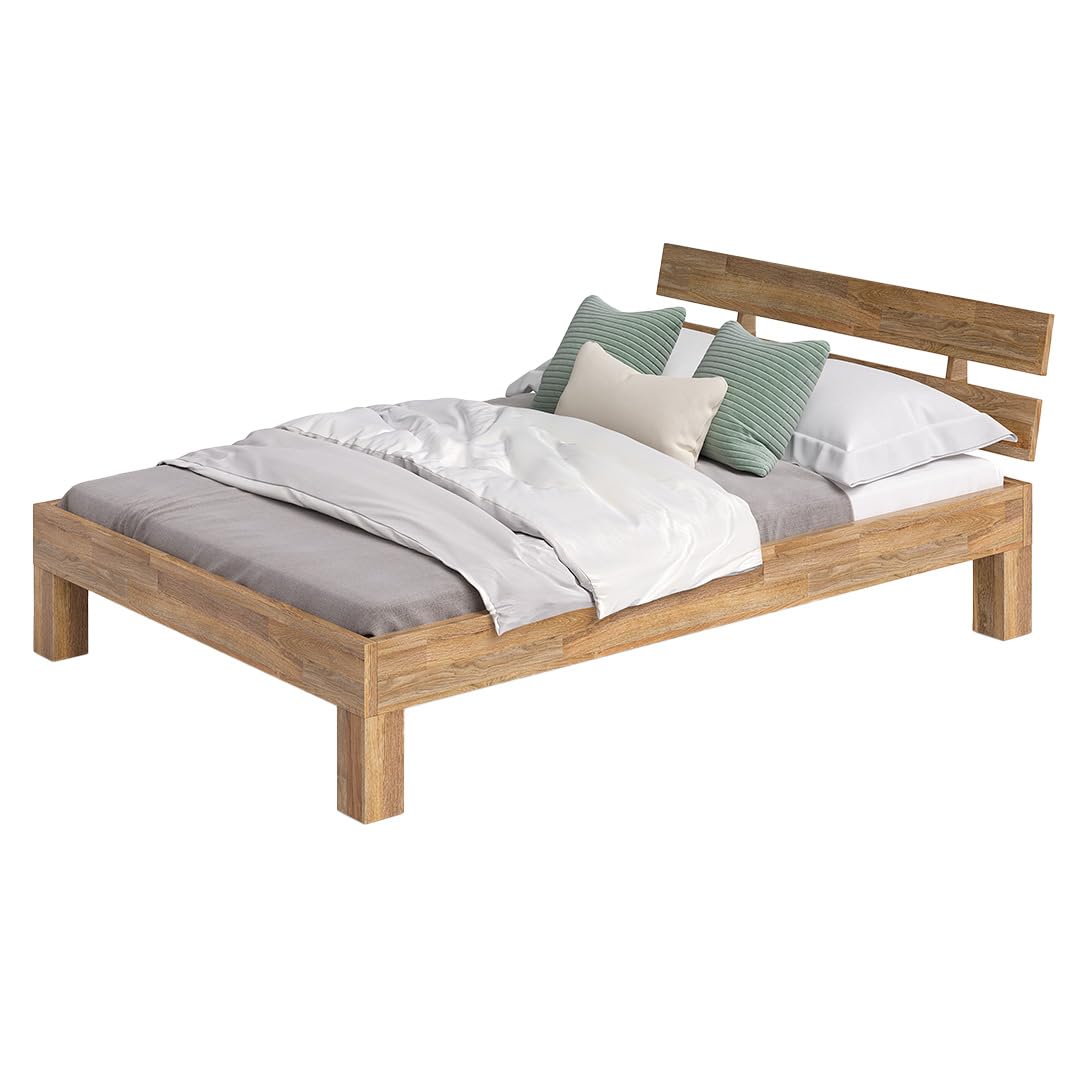 skølm Floki Massivholzbett 140x200 cm aus Eiche - hochwertiges Bettgestell - Bettrahmen mit Bettkopf - Holzbett in Natur geölt - Bett geeignet als Doppelbett - Futonbett Schlafzimmer