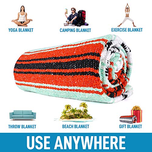 Handcrafted Mexican Blankets, Artisanal Handwoven Serape Blanket, Authentic Falsa Blanket, Great As Beach Blanket, Camping Blanket, Picnic Blanket, Outdoor Blanket, Boho Throw Blankets, Mint Orange