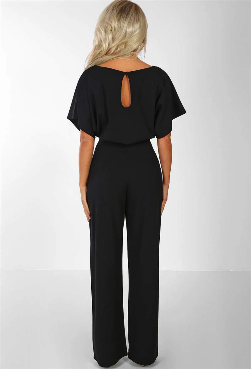 Walant Femmes Combinaison Manches Courtes Col Rond Couleur Unie Barboteuse Jumpsuit D'été Chic Élégant Slim Pantalon Loose Casual Combishort avec Ceinture