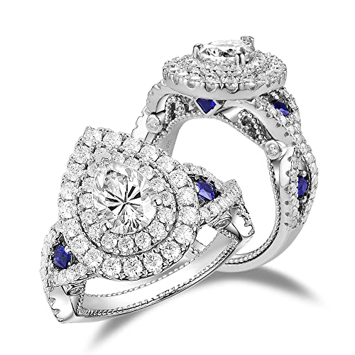 DovEggs Moissanite Engagement Ring for Women,Moissanite Rings 3ctw Total GHI Color Pear Cut Vintage Double Halo Split Shank Wedding Ring Moissanite&Blue Sapphire 14K Gold Quality Sterling Silver(9)