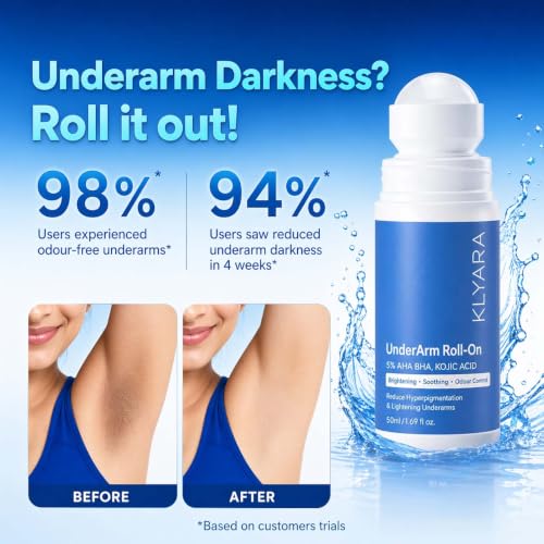 Image of Klyara Under Arm Roll-On Deodorant with 5% Potassium Azeloyl Diglycinate | Brightens Underarms, Controls Odor, Soothes Skin | Alcohol-Free | For Men & Women | 50ml (PACK-1)
