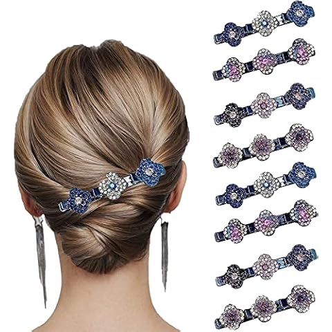 4/8PCS Sparkling Crystal Stone Braided Hair Clips, Satin Fabric Hair Bands, Four-Leaf Clover Chopped Hairpin Duckbill Clip, Braided Hair Clip with Rhinestones For Women Girls (8PCS) Cover
