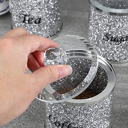 JUXYES Set of 3 Sparky Glass Crushed Diamonds Canisters Set for Sugar Coffee Tea, Luxurious Diamond Style Storage Containers Sets with Lids Decorative Storage Pots for Kitchen Counter Dining Room