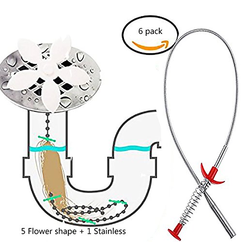Fashionbabies 6 piezas de Serpiente de drenaje, Herramienta de Limpieza de Desagües Serpiente Limpiador de Fregadero Pelo (1 de acero inoxidable 5 de plástico)