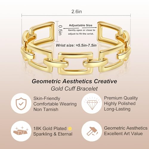 18K Gold Plated Geometric Gold Cuff Bracelets for Women - Adjustable Rectangle Aesthetic Bracelet, Trendy Gold Jewelry Gift for Her2