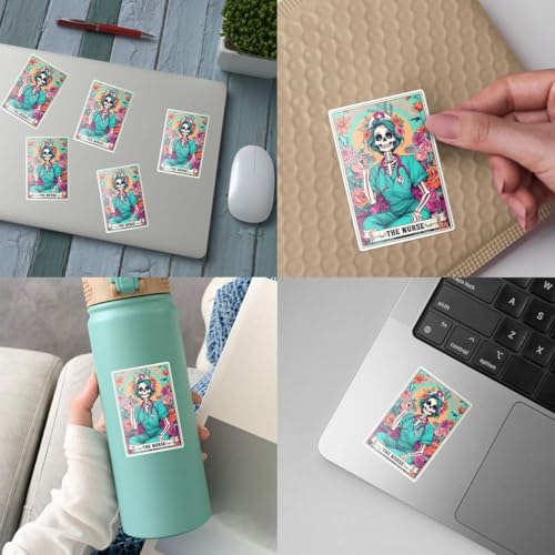 Image of (3PCs) The Nurse Tarot Vinyl Sticker, The Nurse Tarot Card Holographic Stickers, RN Skeleton Hologrpahic Vinyl Stickers, Fun Nursing Decal for Laptop Water Bottle Phone Car Helmet 3 inch (Normal, 2in)