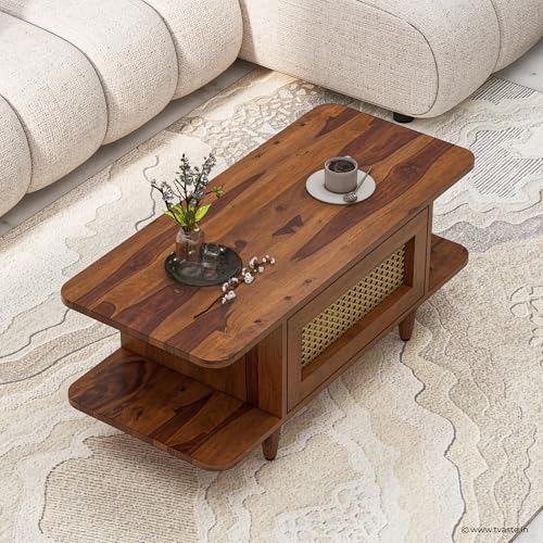 Image of SIDHI Solid Sheesham Wood Coffee Table & Center Table with Rattan Cane Lift-Down Shutter & Both Side Open Shelves for Living Room (Honey Finish)