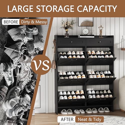 Image of Shoe Cabinet with 6 Flip Drawers & 2 Top Drawers, 57 inch Tall Freestanding Narrow Wooden Shoe Storage Organizer for Entryway, Hidden Slim Shoe Rack for Front Door Entrance, Hallway, Living Room, Black