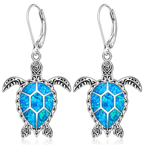 Turtle Earrings Sterling Silver Blue Opal Sea Turtle Gifts for Women Leverback Drop Dangle Retro Hawaiian Ocean Jewelry