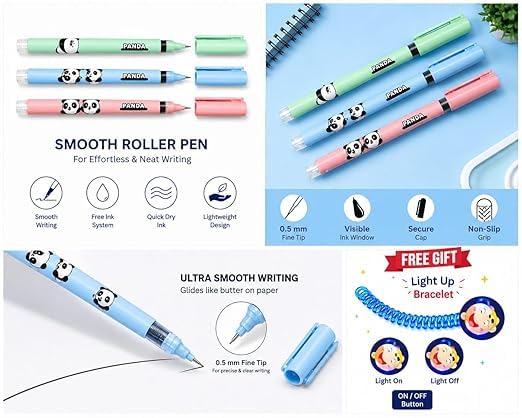 Image of Figo Panda Liquid Roller pen 0.5mm Fine Tip (Pack of 20) (Blue) with Free Light-Up Bracelet Gift /Cute Panda Design Pens for Kids, School, Office, Journaling & Gifting, Smooth Writing