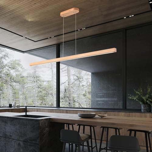 Image of 55 inch Wood Linear Pendant Modern Kitchen Island Light Fixture with Remote Solid Wooden Hanging Ceiling Light Chandeliers for Dining Room Kitchen Pendant Lighting Over Island Natural