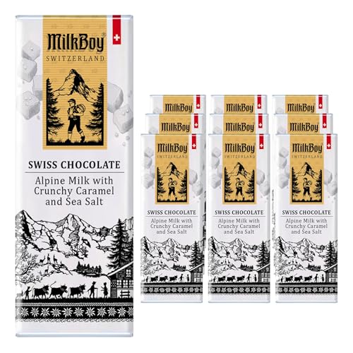 Milkboy Swiss Milk Chocolates - Premium Alpine Milk Chocolate Bars with Crunchy Caramel & Sea Salt - Made in Switzerland - GMO Free - Each 1.4 oz - 10 Pack