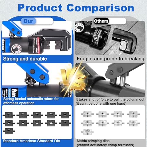 AMZCNC Hydraulic Crimping Tool with 9 American standard cable crimping dies for 12 AWG to 2/0 AWG and 2 Stainless Steel Wire Rope Dies for 1/8\" and 5/32\", Hydraulic Hand Crimper Tool - Thumbnail 4