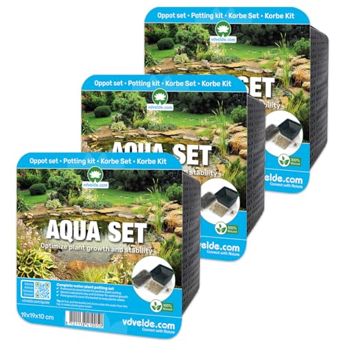 S VD VELDE WATERPLANTEN vdvelde․com   Aqua Set Kit de Plantación para Estanque, Pack de 3, sin Plantas, con Cesta, Sustrato, Tierra de Estanque, Abono y Grava, Accesorios 19x19x10 cm