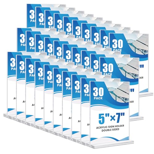 30 Pack Acrylic Sign Holder 5x7, Clear Double Sided Tabletop Menu Display, Desktop Flyer Stand with Vertical Base, Plastic Paper Picture Frame Holder Suitable for Restaurants Office Store Show Fair
