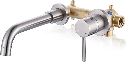 ARCORA Grifo de baño de montaje en pared, grifo de fregadero de baño de níquel cepillado, grifo de tocador de una sola manija, grifo giratorio para