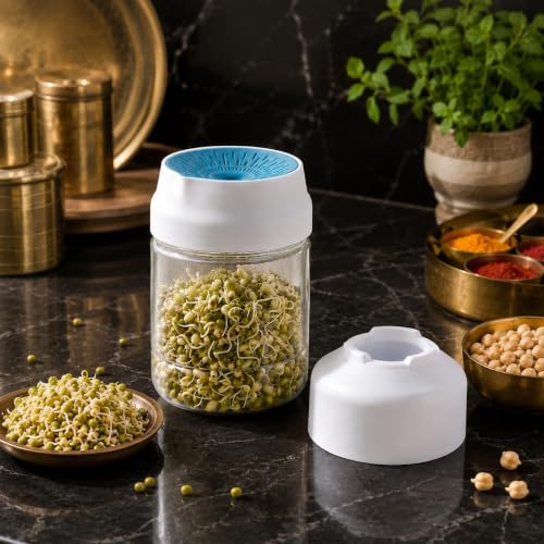 Image of KESI ORNAMENTS Sprout Maker Jar for Home Use with Strainer Drainage Lid,1000ml BPA Free Plastic Sprouting Container for Moong,Chana,Lentils & Beans,Easy Healthy Sprouts Growing Jar for Indian Kitchen