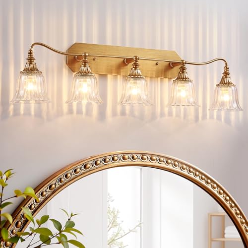 Image of LmnLvn Brushed Gold 5-Light Bathroom Light Fixture, Crystal Glass Shade