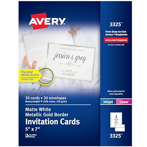 Avery Invitation Cards, Metallic Gold Borders, 5" x 7" Matte White, Laser/Inkjet Printable, 30 Cards and Envelopes (3325)