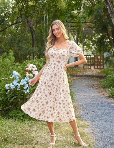 Image of Scarlet Darkness Women's Floral Corset Dress with Split 2026 Summer Spring Square Neck Midi Milkmaid Dresses