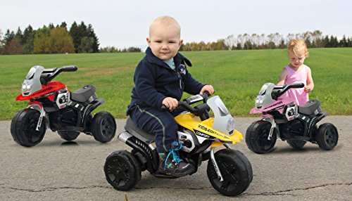 JAMARA 460226 - Ride-on E-Trike Racer gelb - 6V Akku, elektrisches Dreirad mit extra starkem Bürstenmotor, Stahlhinterachse, Stahlvordergabel, LED Frontlicht, Musik, ca. 1 Std. Fahrzeit