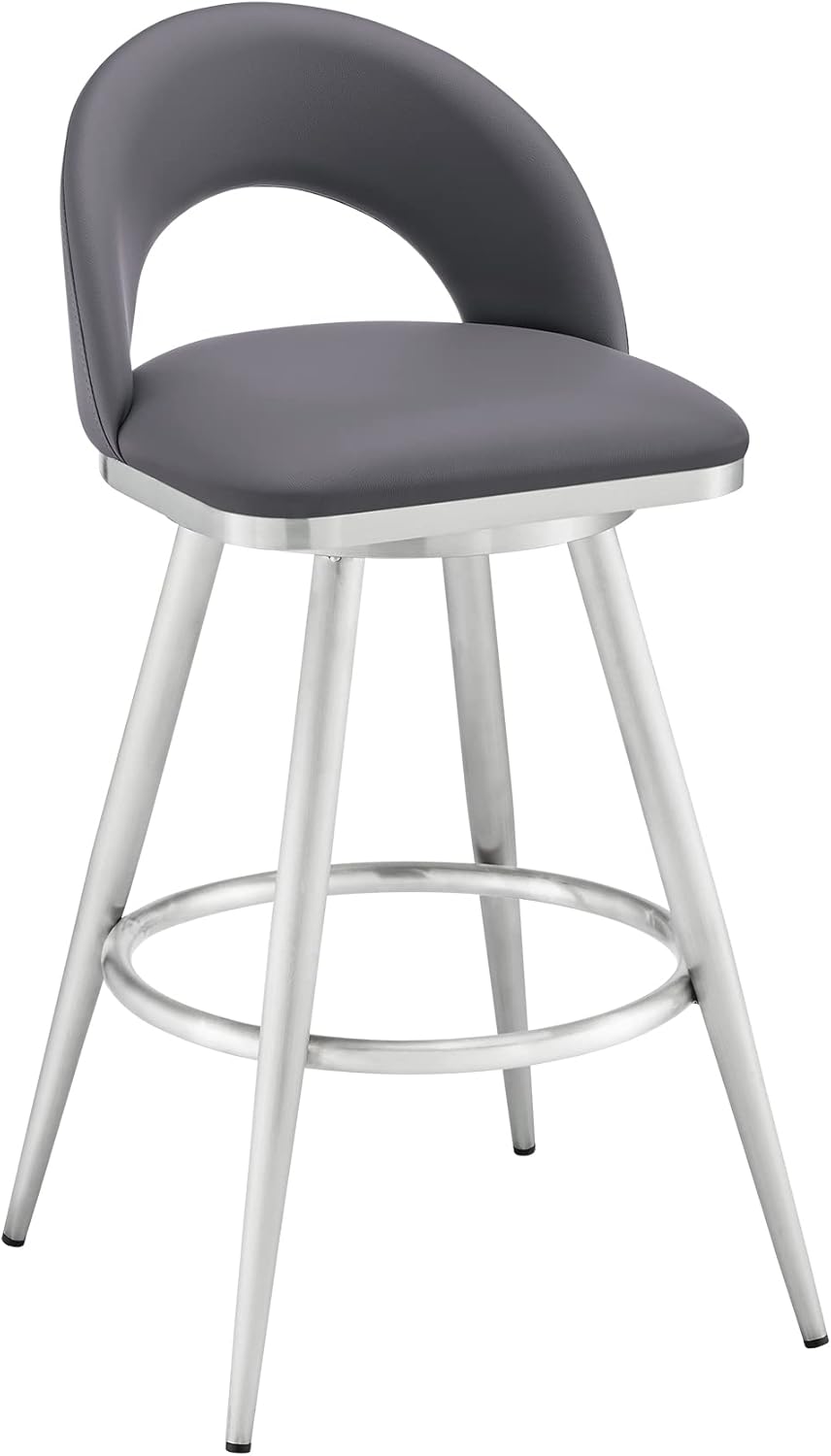 Armen Living Charlotte Swivel Counter Stool in Brushed Stainless Steel and Gray Faux Leather