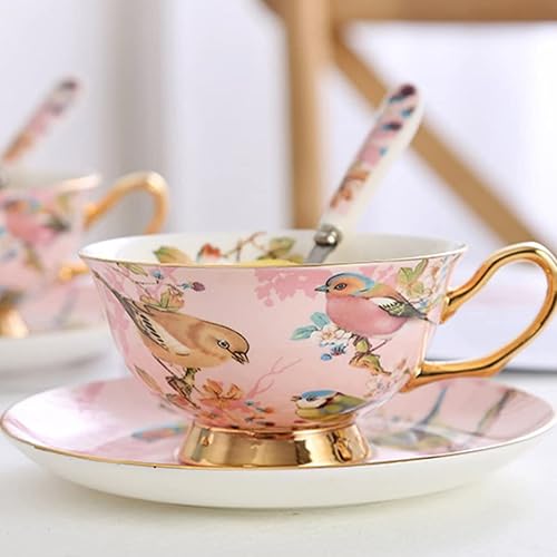 Miniatura 5 de Pink Bird - Juego de tazas de té de porcelana con platillo y cuchara, 7 onzas, tazas de capuchino y café con leche, regalo para el día de la madre