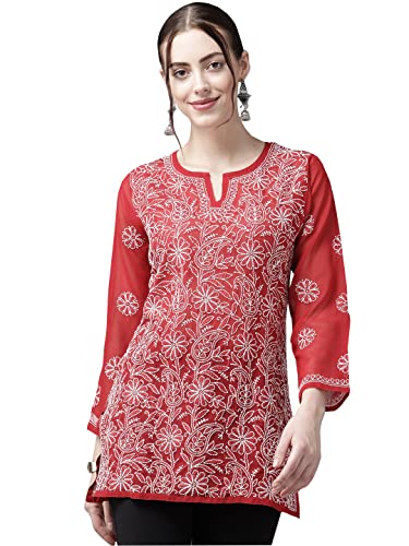 Ada Indian Hand Embroidered Chikankari Women's Georgette Red Top Tunic Shirt Kurti A911230 (Medium)