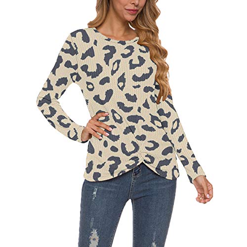 MISFAY Womens Casual Top Long Sleeve Cute Twist Knot Waffle Knit Shirts Tops (L, Khaki Leopard)