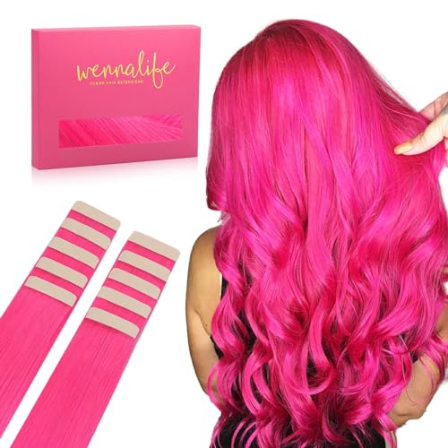 Image of Wennalife Tape in Hair Extensions Human Hair Hot Pink Tape in Extensions, 10pcs 25g 14 inch Remy Invisible Tape Ins Straight Colored Soft Real Human Hair Tape in Extensions Refill Set Extensions