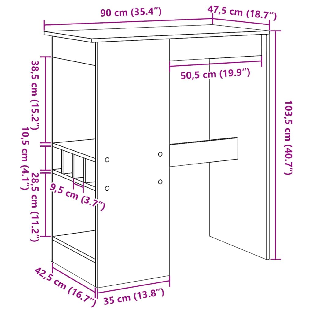 Bartisch Mit Regal 90x47,5x103,5 cm Holzwerkstoff | 4 Integrierte Weinhalter, Pflegeleicht, Feuchtes Tuch Reinigung, Inklusive Wandhalterung