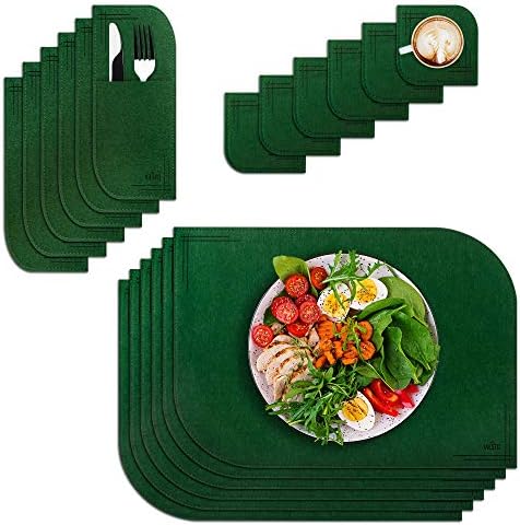 VILSTO Felt Placemat Coaster Cutlery Bag Set of 18 pieces, Forest Green - Heat Resistant, for Kitchen, Home Dinner Party, Outdoor Barbecue