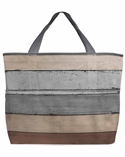 Mesh Beach Bag Oversized Tote Bags for Women Vintage Brown Wood Grain Large Bags for Travel Pool Grocery