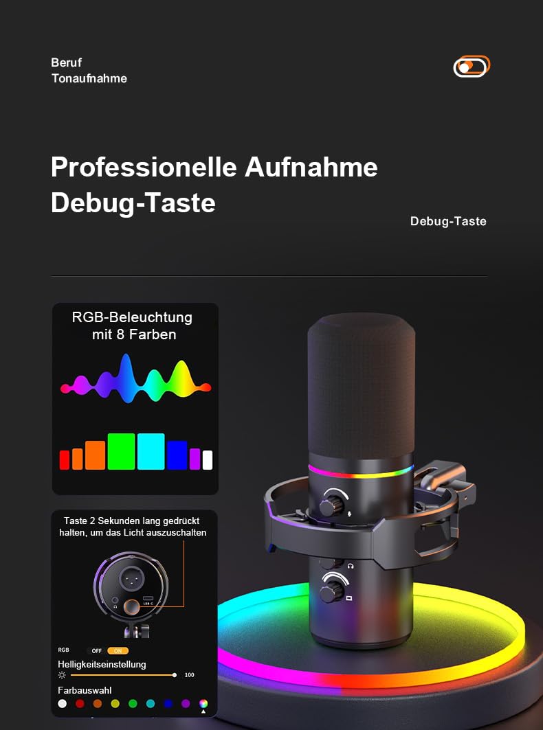 KO-Star M-690 Dynamisches Mikrofon mit Schwenkarm – USB-C & XLR, Niere (Cardioid), 192 kHz/24 Bit, Monitoring, Gain & Lautstärke-Regler, Mute/Noise-Reduction, RGB